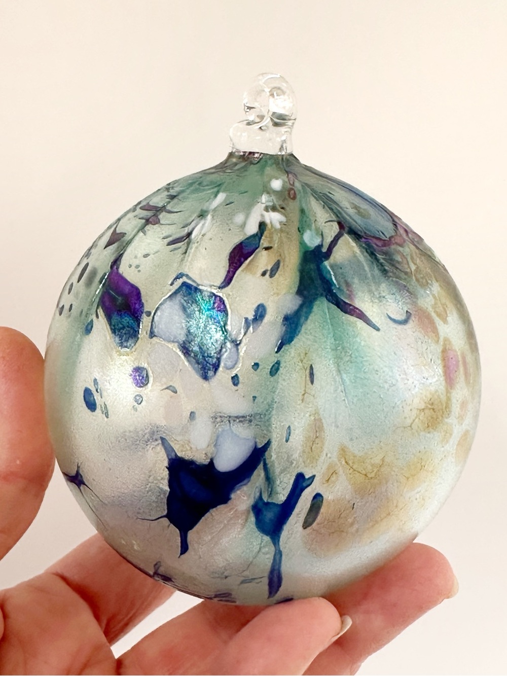 Handblown Glass Holiday Ornament - Iridescent Blue Green Sphere
